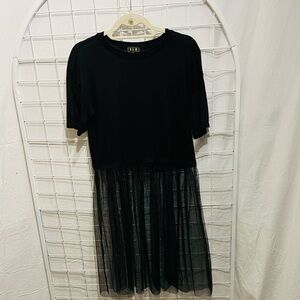 Black Short Sleeve Dress with Sheer Skirt